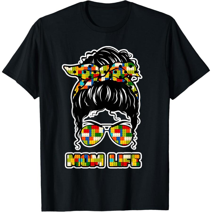 Mom Life Messy Bun Master Builder Birthday Building Block T-Shirt S