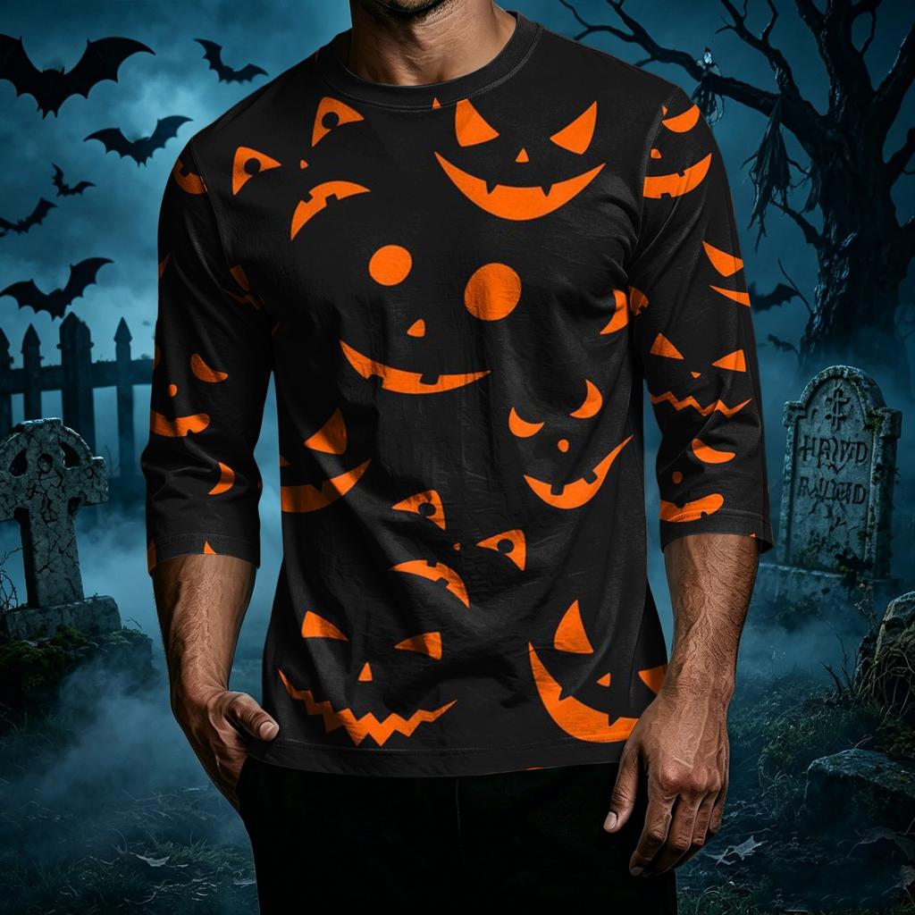 Men Casual Halloween Print Raglan Sleeve T Shirt Crew Neck Three Quarter Sleeve Top Comfortable Fit Lightweight Fabric