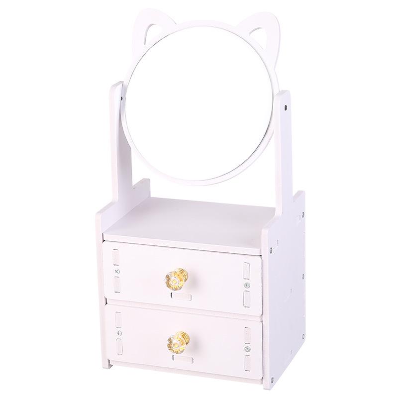 Specchio da Toeletta Girevole con Orecchie da Gatto e Scomparti con Cassetto - Specchio da Trucco in Legno da Scrivania