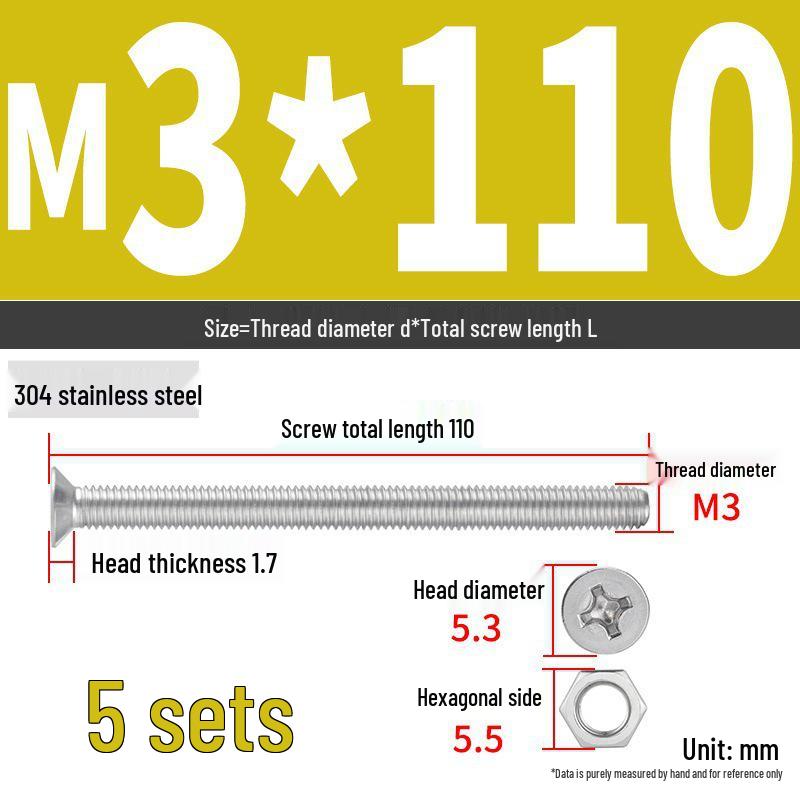 304 Stainless Steel Extra Long Phillips Flat Head Screws and Nuts Set (2M, 3M, 4M)