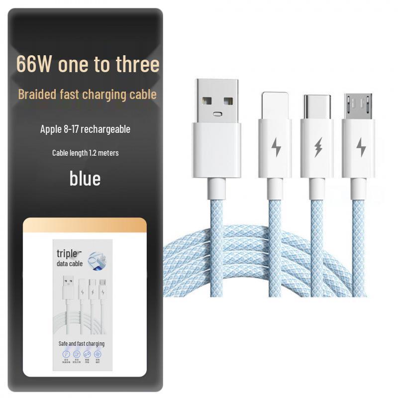 66W Fast Charging Braided Macaron 3-in-1 Data Cable for Apple, Huawei, and Android Cable Only