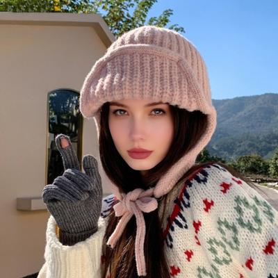 Damen Strickmütze Schnürung Einfarbig Ohrenschutz Winter Elastische Mütze Kalt