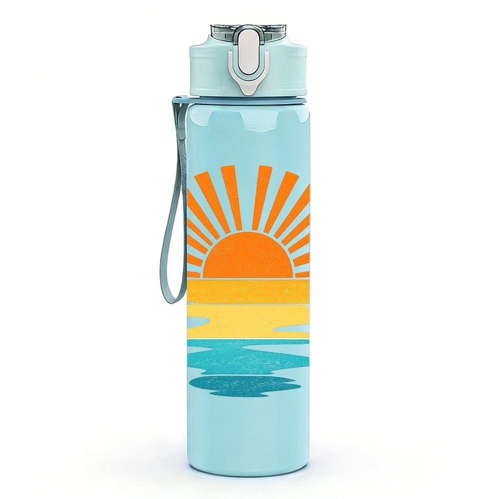 1PC Ocean Sunset Gradient Sun Wave Print 750ml Color Plastic Sports Water Bottle Leakproof Flip Straw Lid Suitable for Sports Office Home Use