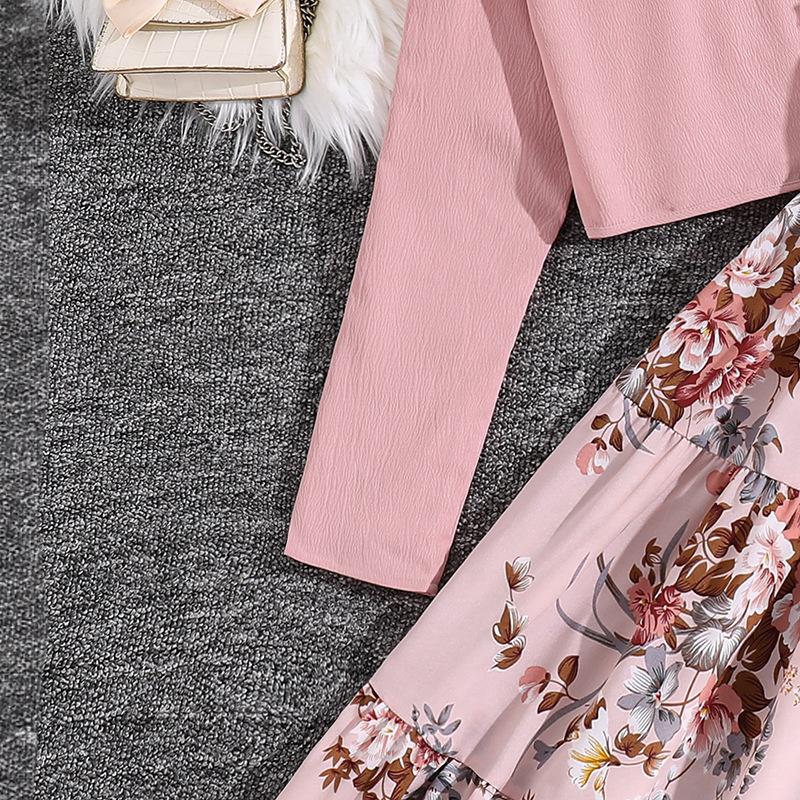8-12Y Girls' Suit Spring  Autumn and Winter Long-sleeved Cardigan Jacket + Sweet Floral Halter Dress Two-piece Set