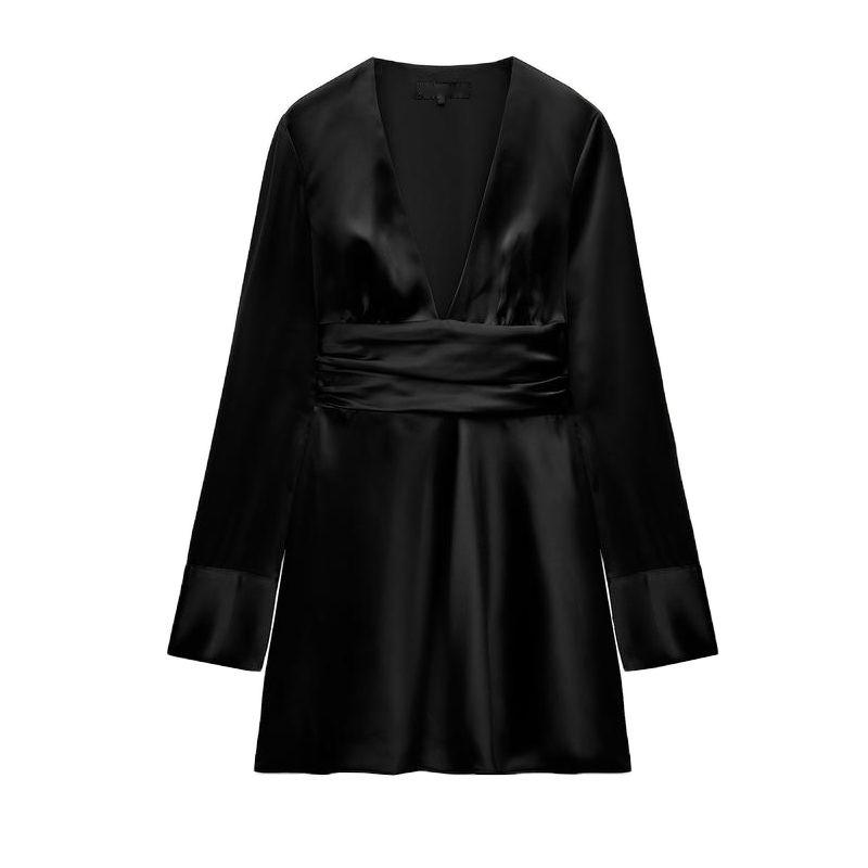

Spring New Women s Clothing French Style Elegant Fashion Silk Satin Texture V Neck Short Version Dress 4764245 Black L