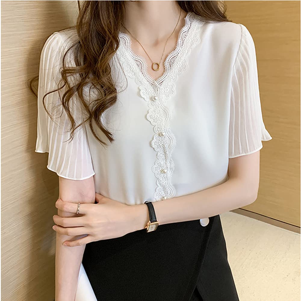 Lace Blouse Chiffon Tops Flared Short Sleeve Korean Style Summer Stylish Neat Thin Adult Cute Loose Fit Slimming Casual Office Commuting OL Date