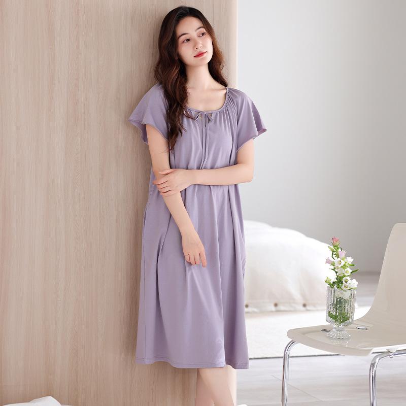 Pajamas Women's Summer with Chest Pads Short Sleeves Cotton Pajamas Skirts Long Summer Thin Maternity Large Size Dresses