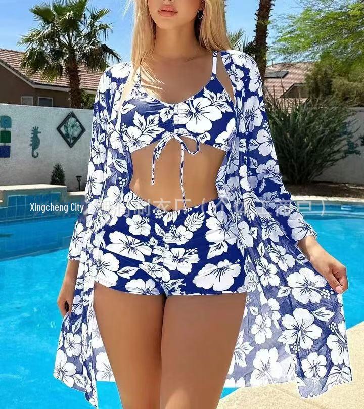

2025 Women s Sexy Three-Piece Swimsuit Set: Printed Bikini with Boxer Shorts Extra Large