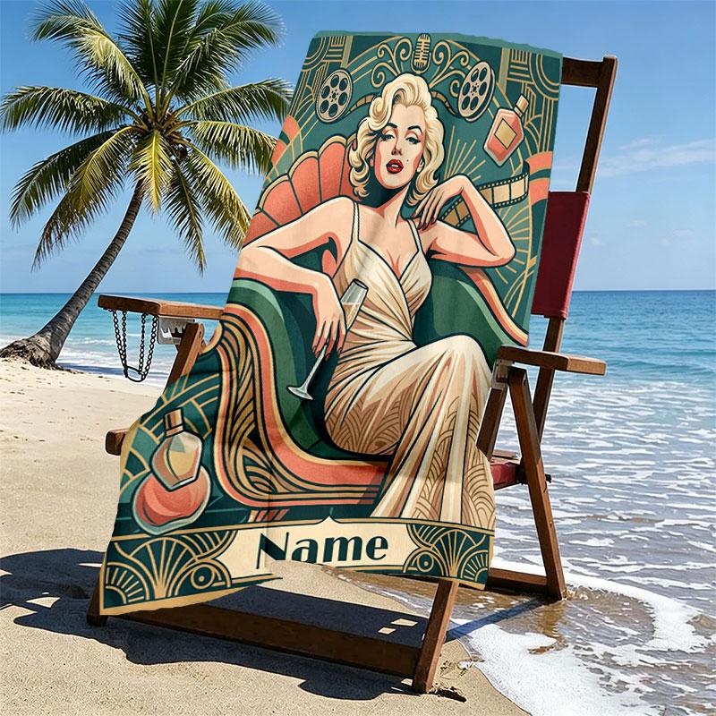 Custom Name Personalized Marilyn Monroe Print Beach Towel, for Trip Camping Beach Party Home Decor, Birthday Gift for Family & Friends