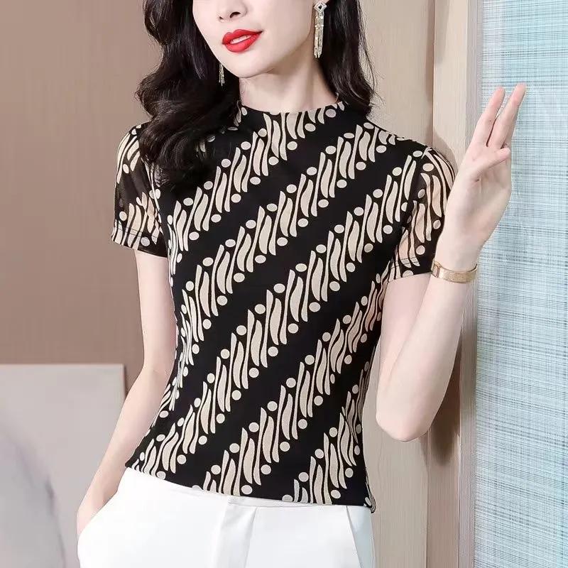 Women S Short Sleeve Mesh T Shirt Versatile Half High Neck Top L