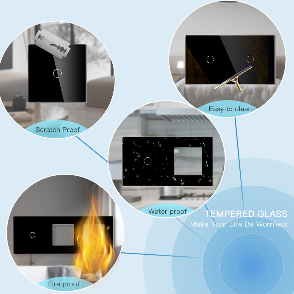 BSEED 1/2/3Gang Wall Touch Switch Double Light Switches 1Way Plus Type-c USB Sockets EU Standard Glass Panel Blue Backlight 10A