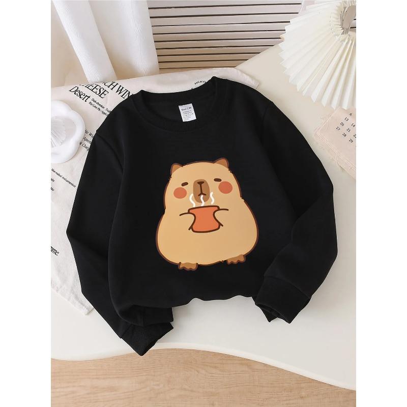 European sizes Kids' Crewneck Sweatshirt - Cute Bear Holding Warm Cup , Sportswear And Casual Wear, Soft And Comfortable, Clothing, Teenagers