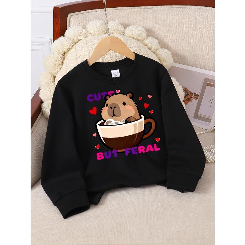 Cute Bear In Coffee Cup with Hearts 2026 New Girls' Long-sleeve Casual Crewneck Sweatshirt, Suitable for Outdoor Sports