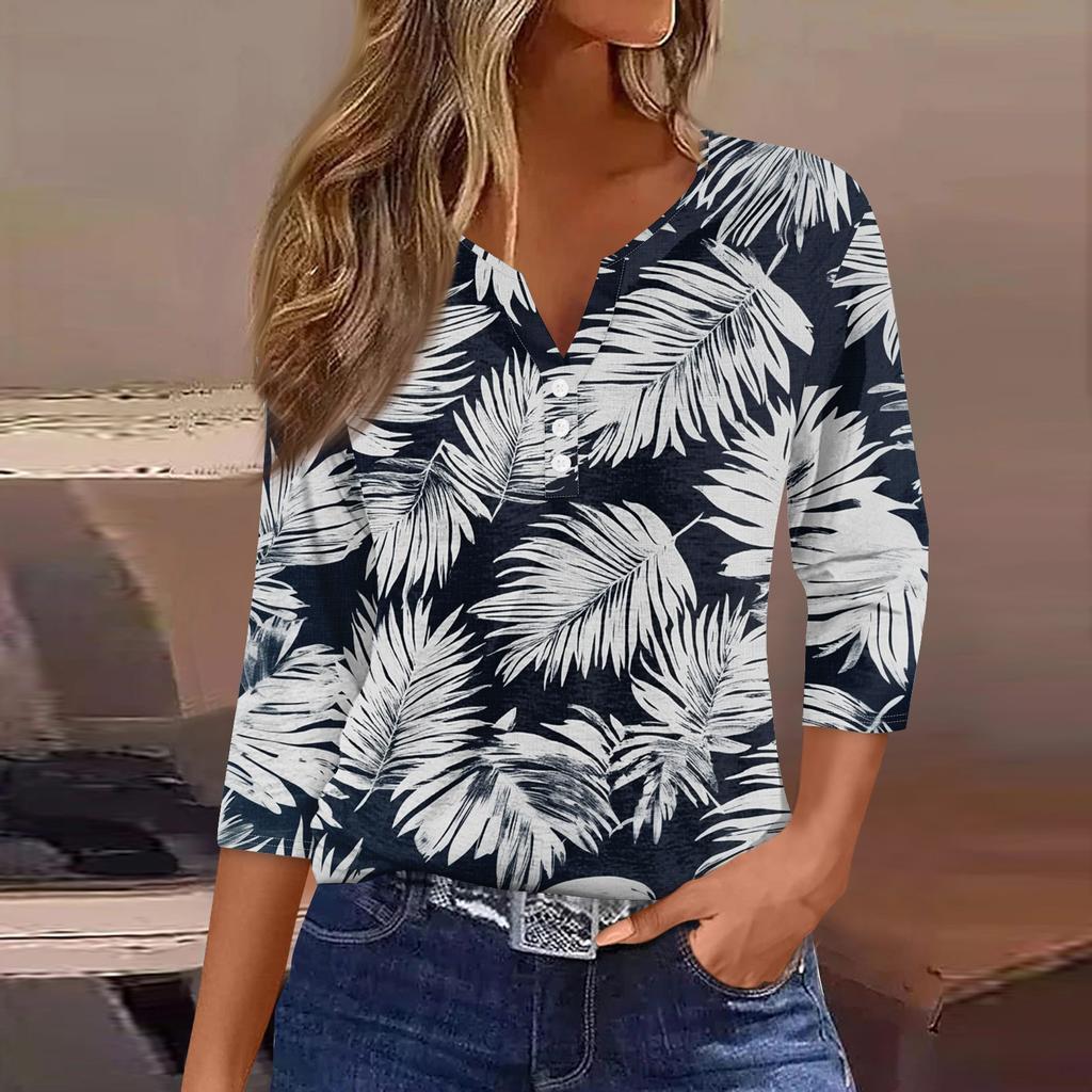 Damska koszulka z nadrukiem na guziki, rękaw 3/4, codzienna, weekendowa, modna, podstawowa, dekolt w serek, regularny top