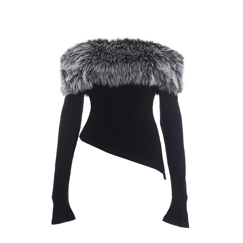 Autumn Spicy Girl Fur Patchwork Asymmetrical One-Shoulder Top for Women Small