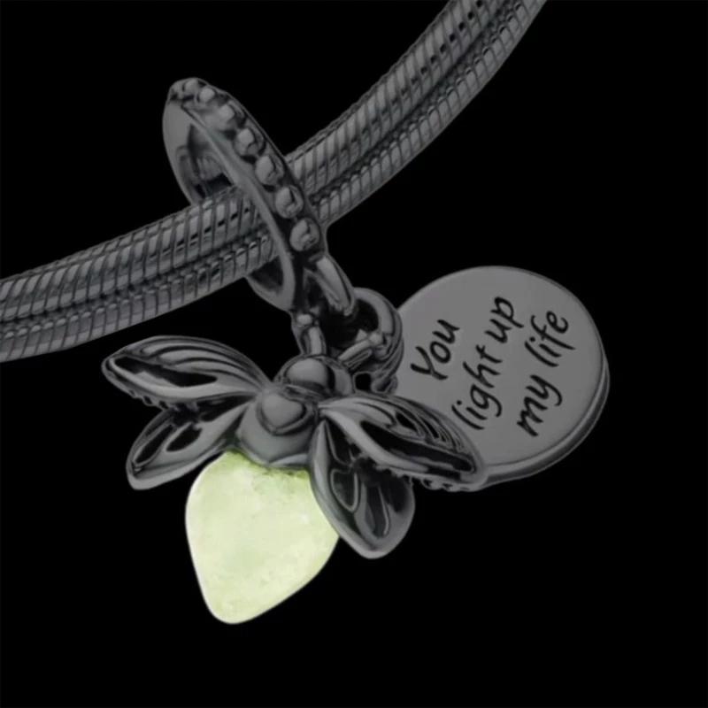 All Glow-in-the-dark Firefly Flower Dangle Charm Pendant Bead Fit Original Charms Silver S925 Plated Bracelet DIY Jewelry