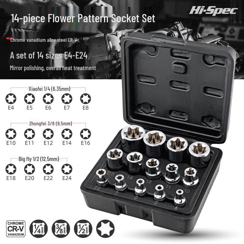

34-Piece E-Type Socket Set: 1/2 Flower Torx, Hex Socket, Spline Irregular, 3/8 Star Bit, 1/4