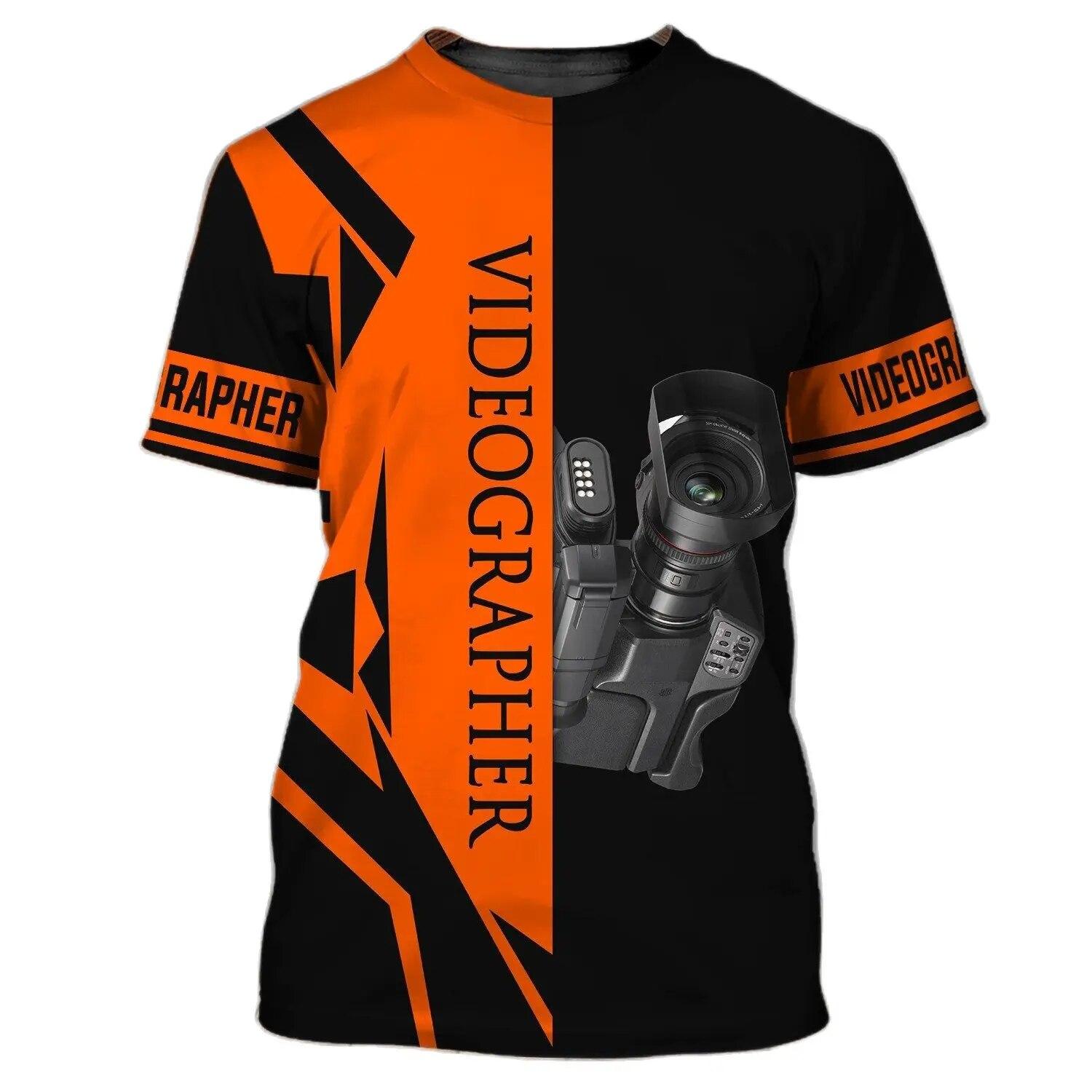 Herren-Persönlichkeits-T-Shirt, 3D-High-Definition-Druck, Kamera-Muster, Sommer, Modetrend, kurzärmelig, Fotograf, Rundhalsausschnitt 6XL orange