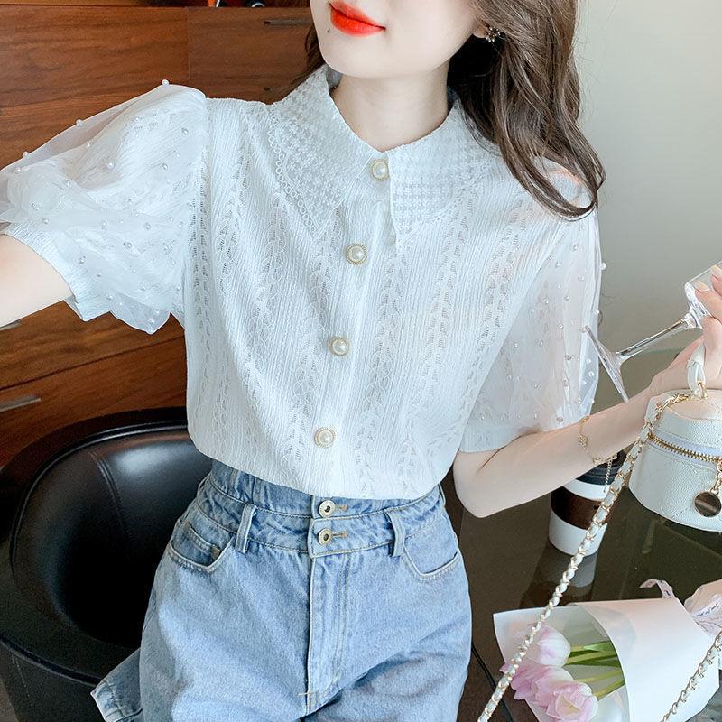 Bubble Short Sleeved Lace Shirt for Women Summer New Versatile Hollow Out Shirt Top