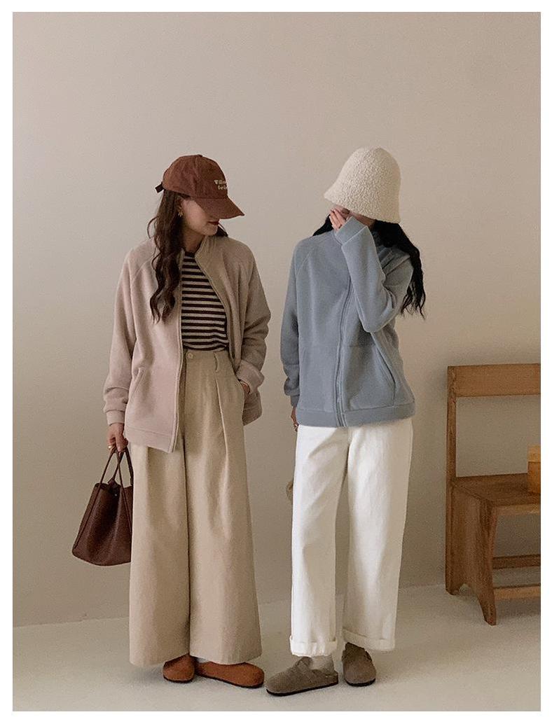 Yi Han Meng Women's Fleece Lined Zip-Up Cardigan - Warm, Korean Style Autumn/Winter Casual Sweatshirt with Stand Collar