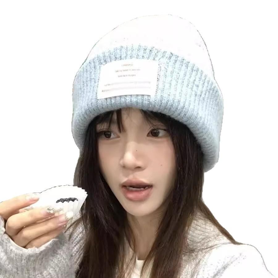 Including Wool Blue Knitted Wool Hat Children's Autumn and Winter Versatile Warm Big Head Circumference Ear Protection Bag Head Cold Hat