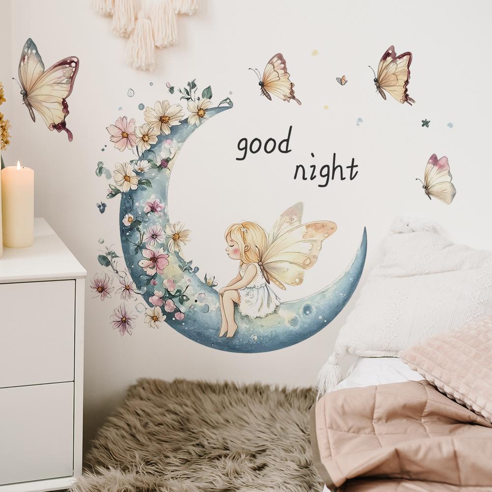 Verträumte kleine Fee Mond Schmetterling Blume Schlafzimmer Wohnzimmer Zuhause Hintergrund Verschönerung und Dekoration Wandaufkleber