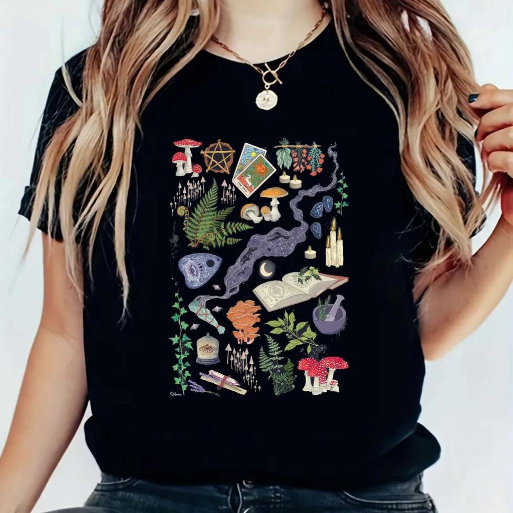 Cute Mushroom Print Pattern, Women's Top Short Sleeve, Women's New Black Print Fashion T-shirt