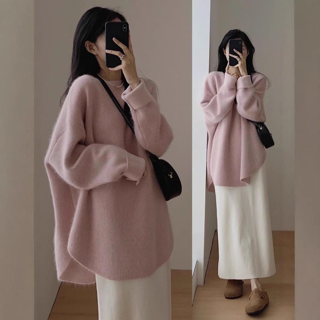Loose Sweater Mid Long Autumn Round Neck Pullover with Split Hem Knit Sweater for Women S