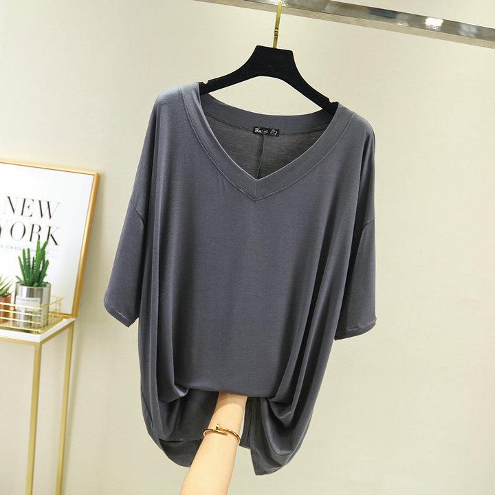 Koreanischer Stil Damen Übergröße V-Ausschnitt Sommer T-Shirt - Kurzarm, Schlankmachend, Vielseitiges Einfarbiges Modal-Top