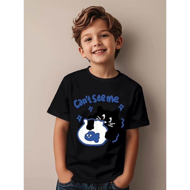 

European sizes Black Cat Peeking Pattern Fun Children s T-Shirt| Adorable Blue Detail and Star Embellishments, Casual and Energetic Fun Boys Clothing 98cm чёрный