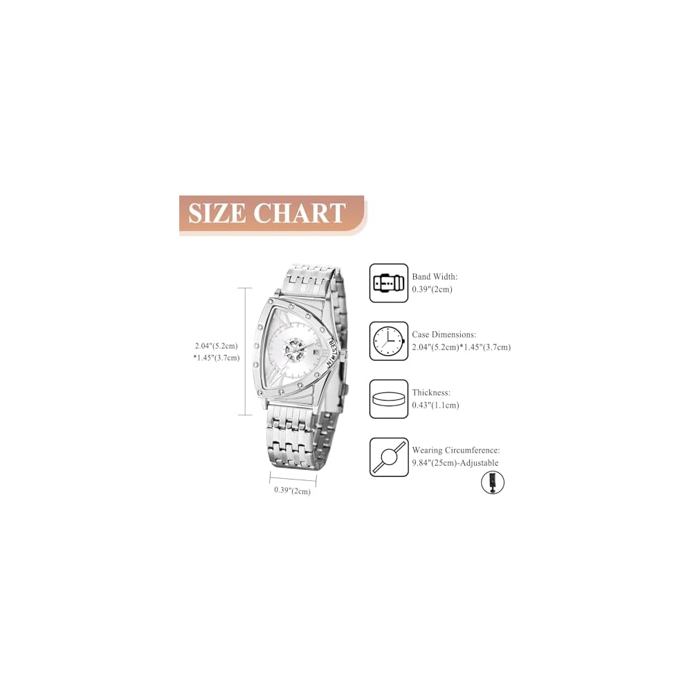 Men's Waterproof Quartz Watch Silver Case Adjustable Triangle Dial Stainless Steel Strap White Dial