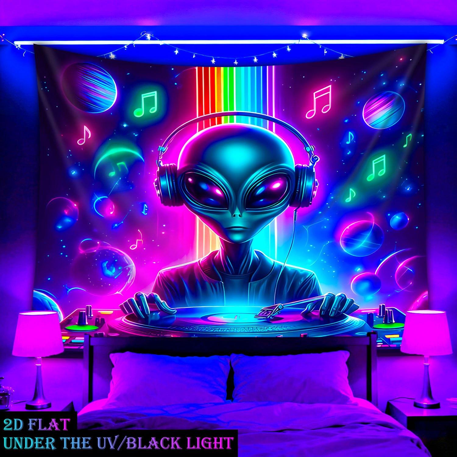 Alien DJ Tapestry Neon Wall Carpet Psychedelic Space Music Art Hanging Cloth Living Room Decoration 100X70CM