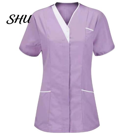 Tops Uniforme Camici da Infermiere Traspiranti Donna Scollo a V Manica Corta Tasche Top Scrub Tute Uniformi Patchwork Colore Design Lavoro Infermieristico