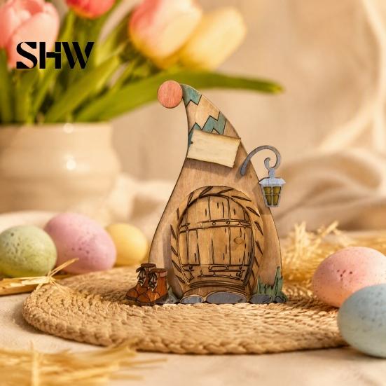 Rustic Pine Wood Craft Wooden Fairy Door Decor, 2D Gnome Elf Ornament, Bunny Mushroom Hand Easter Gift for Kids Painted Craft, House Decoration