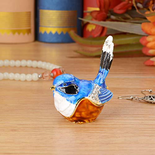 FJ FENGZHIJIE Bluebird Trinket Box, Golden Crystal Enamel Hand-Painted Hinged Bird Jewelry Box, Elegant Home Decor & Unique Gift for Bird Lovers