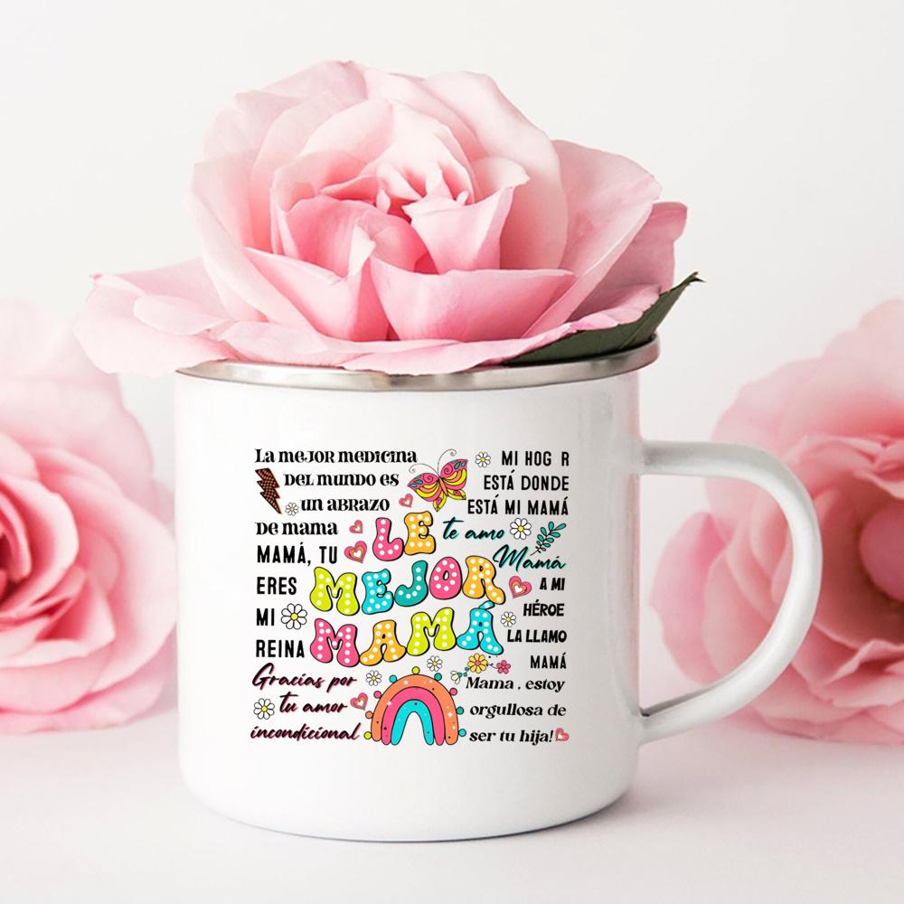 Intelligent Loving Brave Mother Spanish Print Enamel Coffee Mug Drinks Milk Cup Camping Mugs Birthday Mother's Day Gift for Mom