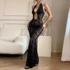 Women's Sexy Solid Color Halter Neck Hollow Out Sheer Lace Slim Fit Mermaid Maxi Evening Party Dress