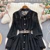 Damen Frühling und Herbst Revers Heavy Industry Haken Blumenausschnitt Französisches Spitzenkleid Femininer Sinn Swing Over The Knee Langes Kleid