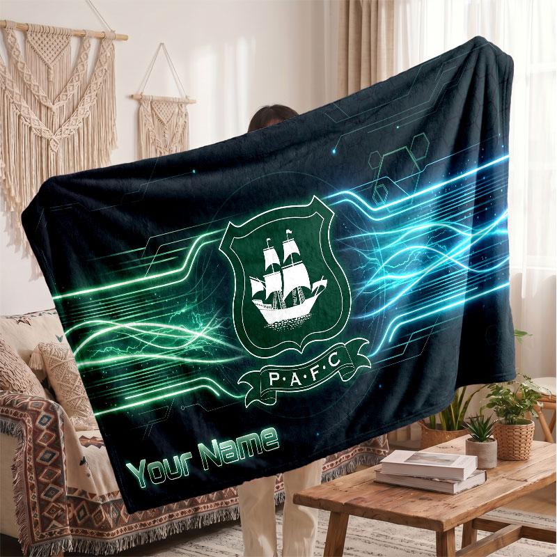 Plymouth Argyle FC Personalized Fleece Blanket With Football Logo, Custom Name Text Soft Warm Home Throw Blanket