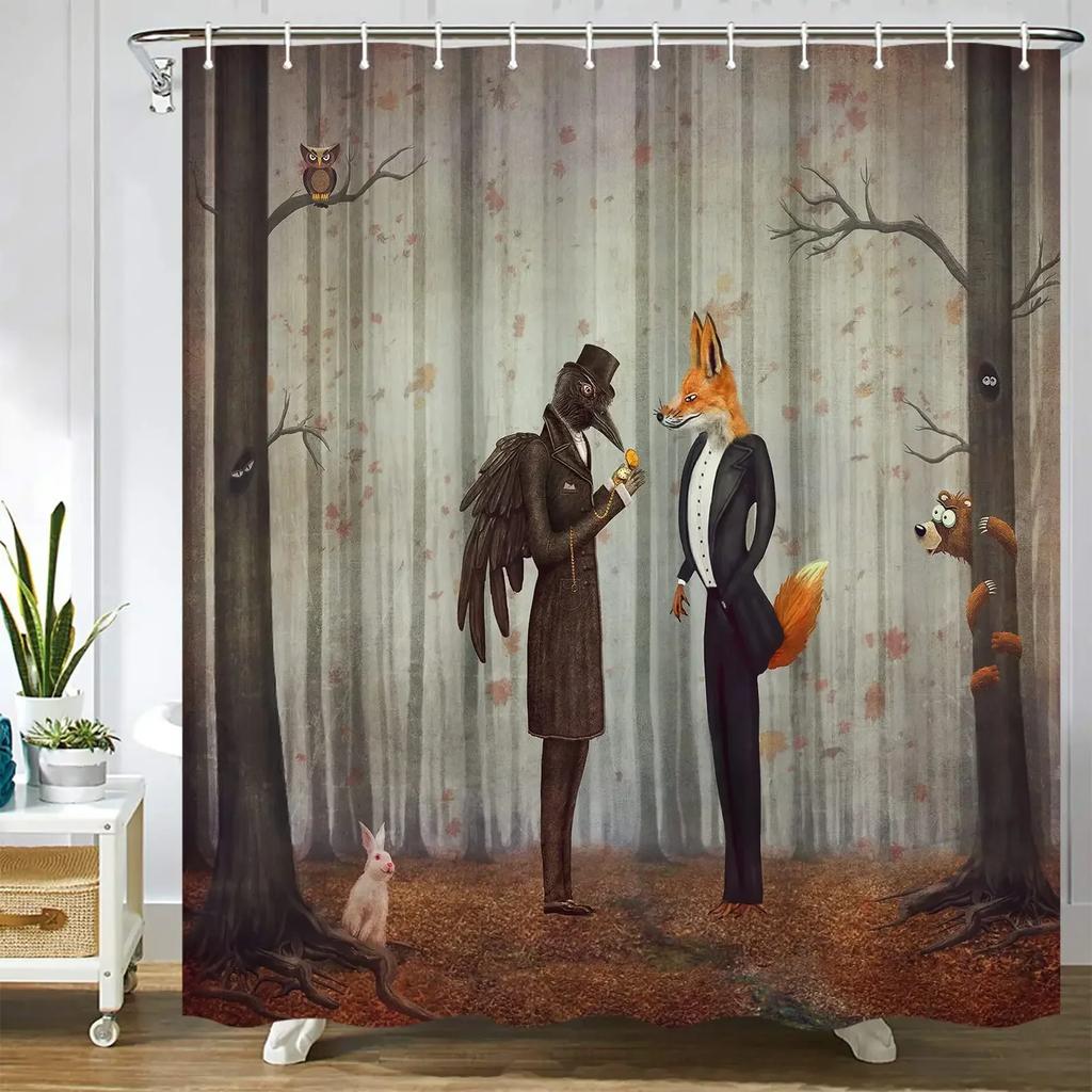 Painting Animal Lover Fox In The Forest Shower Curtain,Rustic Lodge Forest Hunting Bathroom Decor Wild Animals Bathroom Curtains