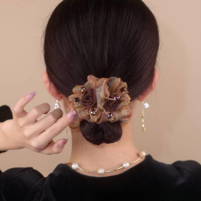 1PC Korean Flower Headband, Large Intestine Headband, Mesh Yarn, Middle-aged Woman, Flower Hair, Rubber Headband.