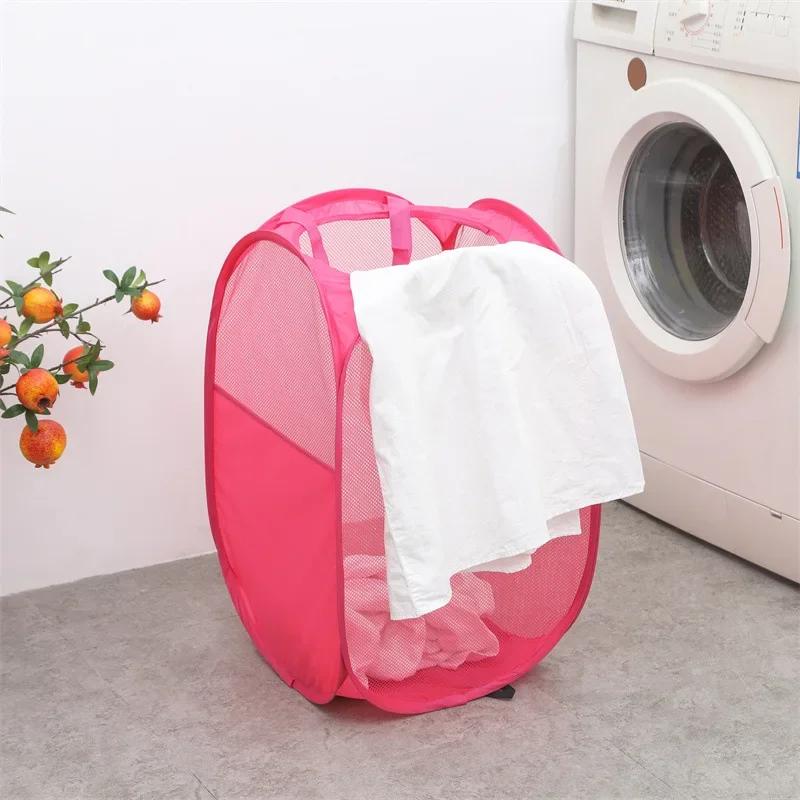 Folding Laundry Basket with Handle Clothes Toy Storage Basket Hollow Mesh Breathable Household Laundry Hamper Sundries Organizer
