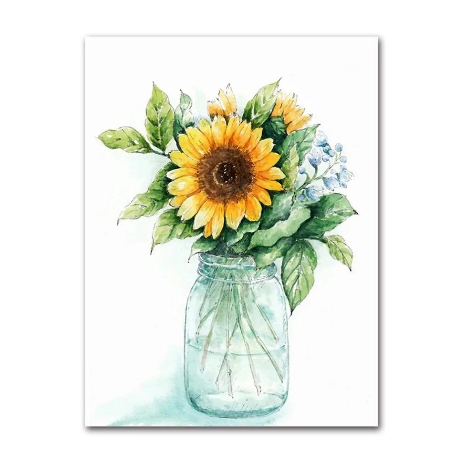 Sunflower Floral Lilac Watercolor Posters Boho Wall Art Canvas Painting Prints Pictures Nordic Style Living Room Interior Decor