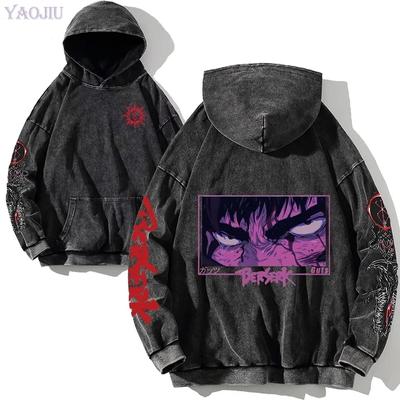 Sweat à capuche Berserk Manga pour homme, manches longues, en coton délavé, style vintage, gothique, anime, surdimensionné, confortable, doux, streetwear