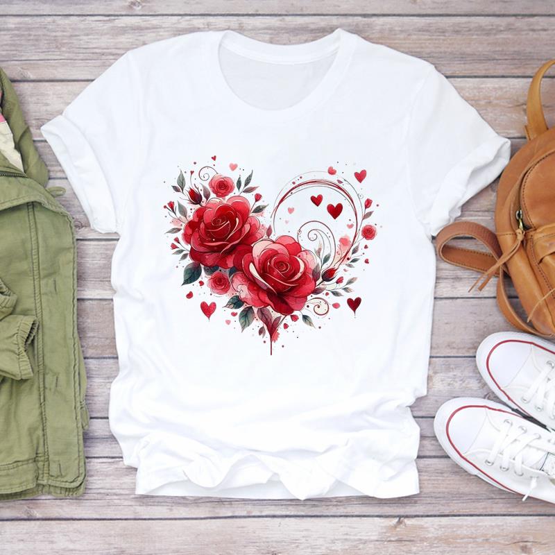(Asian Size) Women Tee sweet love heart trend cute Top Clothing Casual  Short Sleeve T Shirt Fashion Print Lady Female Graphic T-shirts