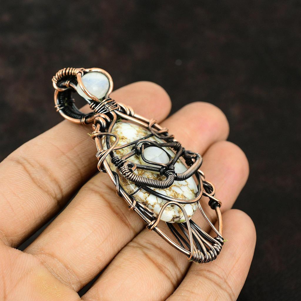 Evil Eye Wild Horse Magnesite Copper Pendant Gemstone Copper Wrapped Jewelry Handmade Designer Pendant Rainbow Moonstone Evil Eye Pendant