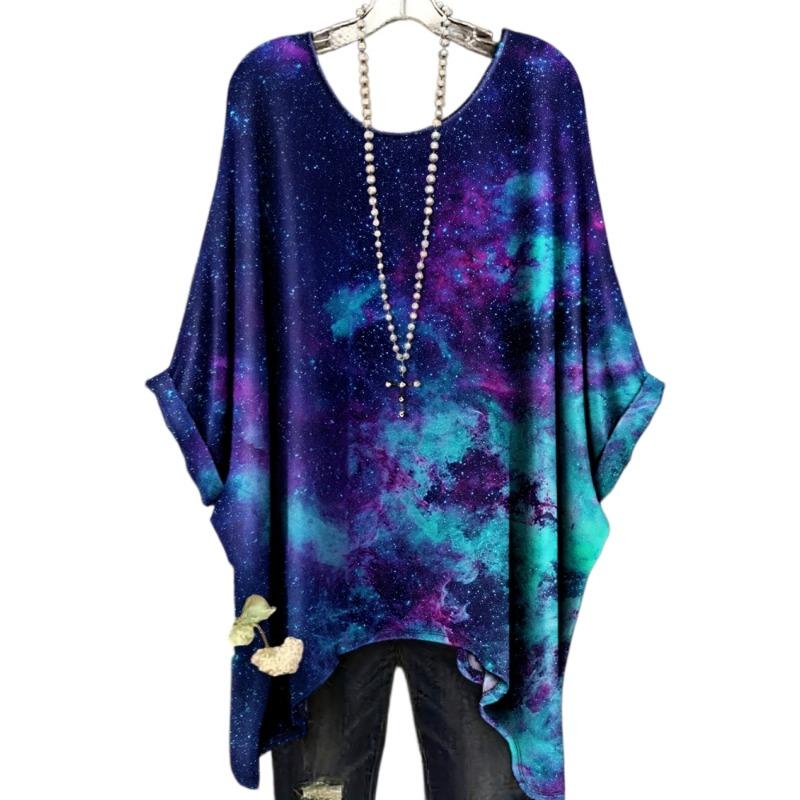 Chic Women T-Shirts Oversized Simple Vintage Floral Print Irregular Hem Round Neck T-Shirt