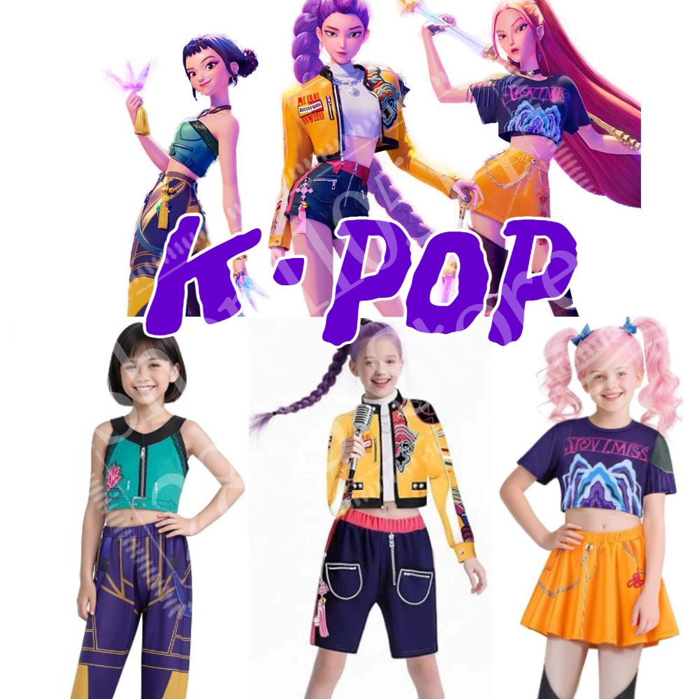 2025 Anime Kpop Demon Hunter Cosplay Kids Girls Style Rumi Zoey Mira Cosplay Full Suit Kids Stage Performance Clothes Halloween