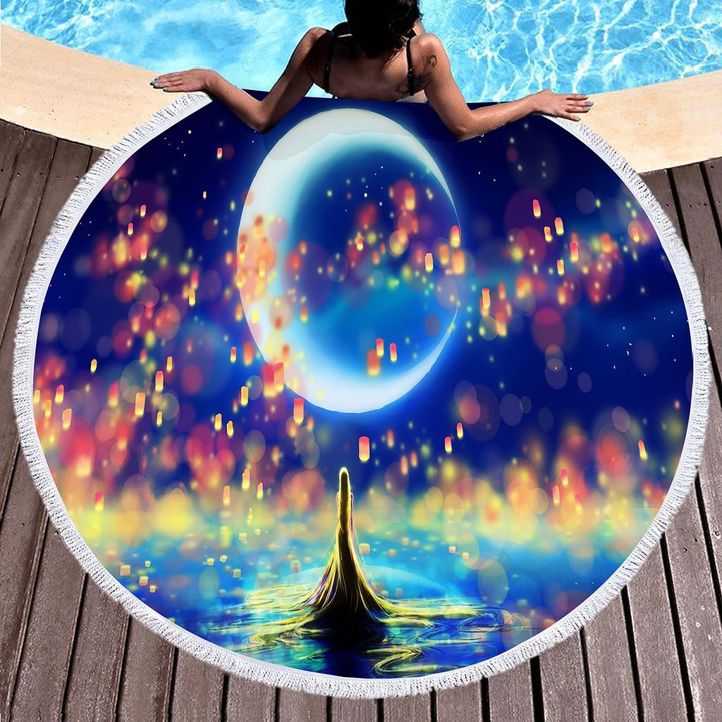 Oil Painting Round Beach Towel,Night Sky Star Moon Print Sand Resistant Beach Blanket,Absorbent Quick Dry Pool Towel Picnic Mat