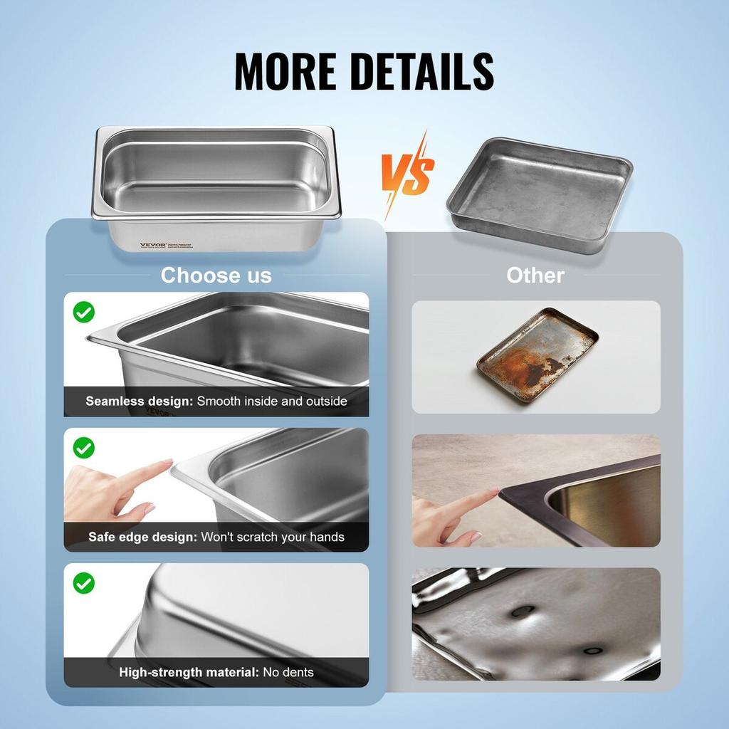 6 Pack 1/3 Size Hotel Pans Steam Table Pan Stainless Steel 4" Deep